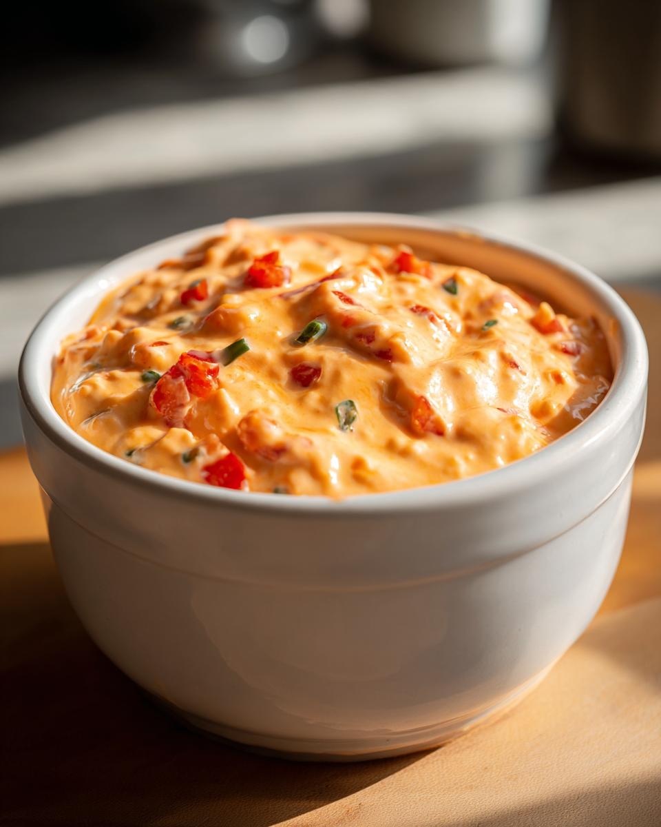 Close-up of warm, creamy Rotel Dip with visible diced red peppers in a white serving bowl.