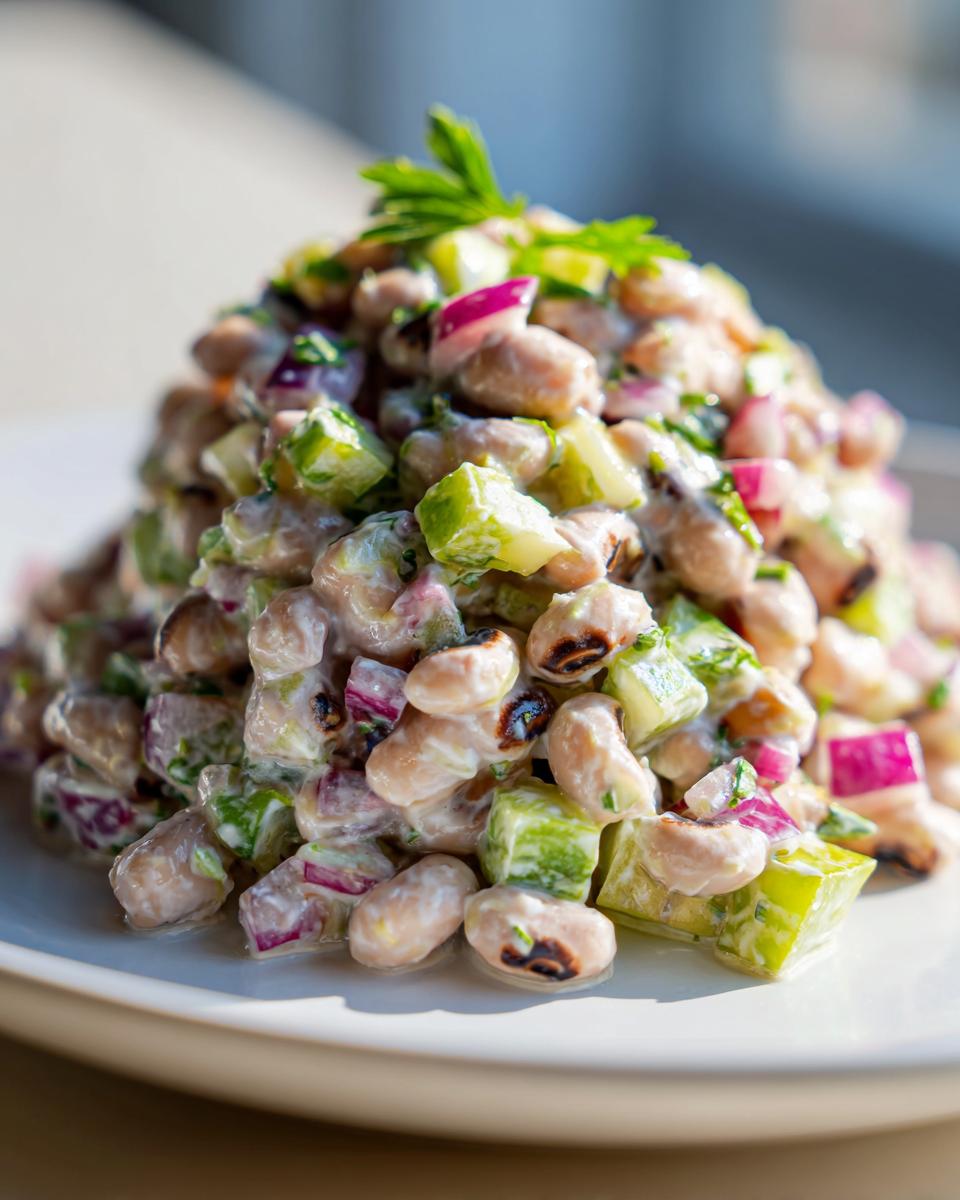 A close-up of a creamy Southern Pea Salad piled high on a white plate, featuring black-eyed peas, diced green celery, and red onion.