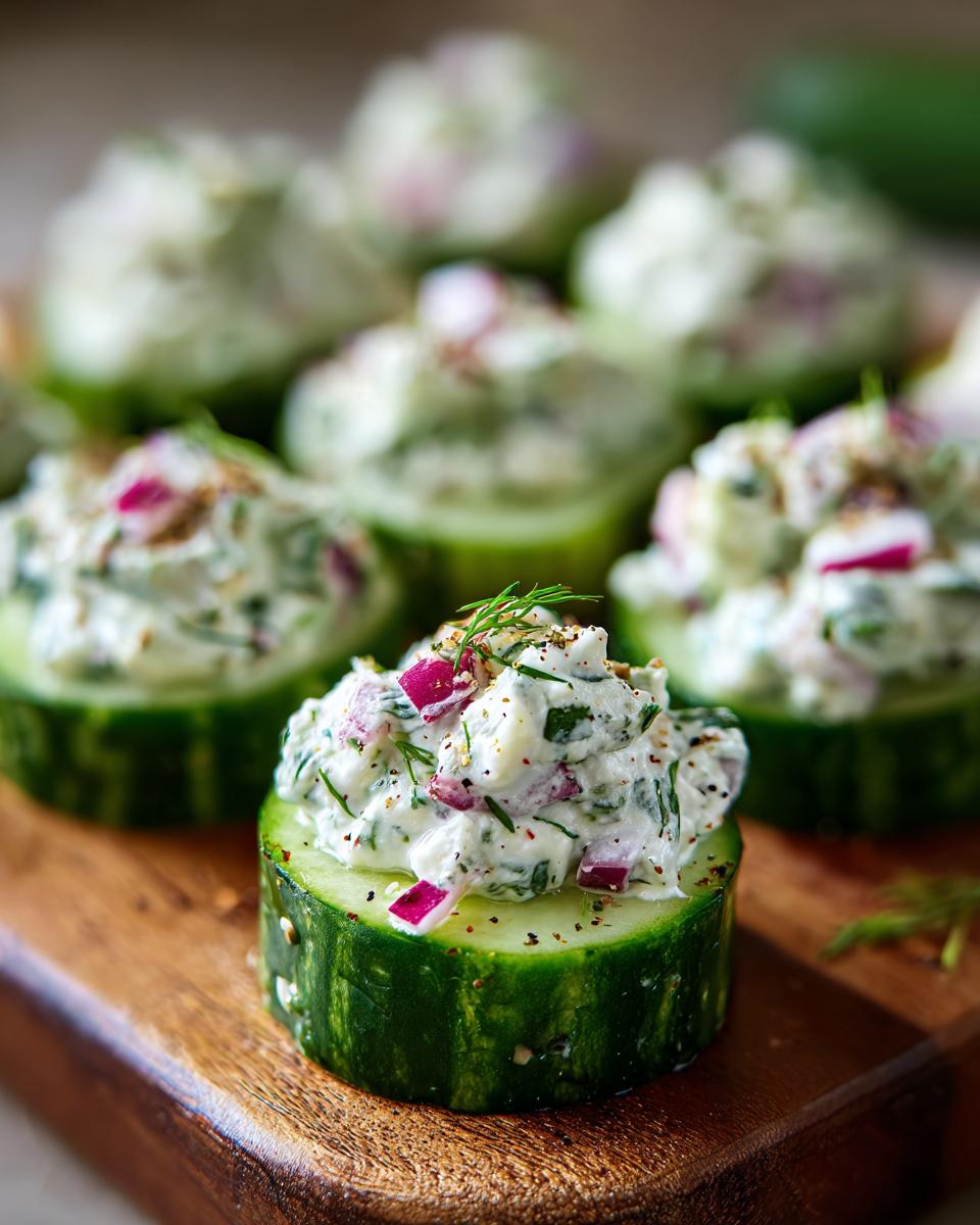 Close-up of one of the Stuffed Cucumber Bites, featuring a thick slice of cucumber topped with creamy filling, red onion, and dill.