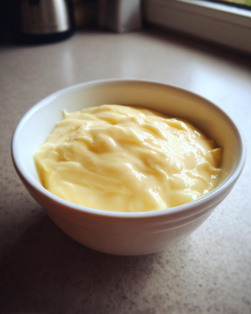 A close-up of a white bowl filled with smooth, yellow Creamy White Cheddar Beer Cheese Dip.