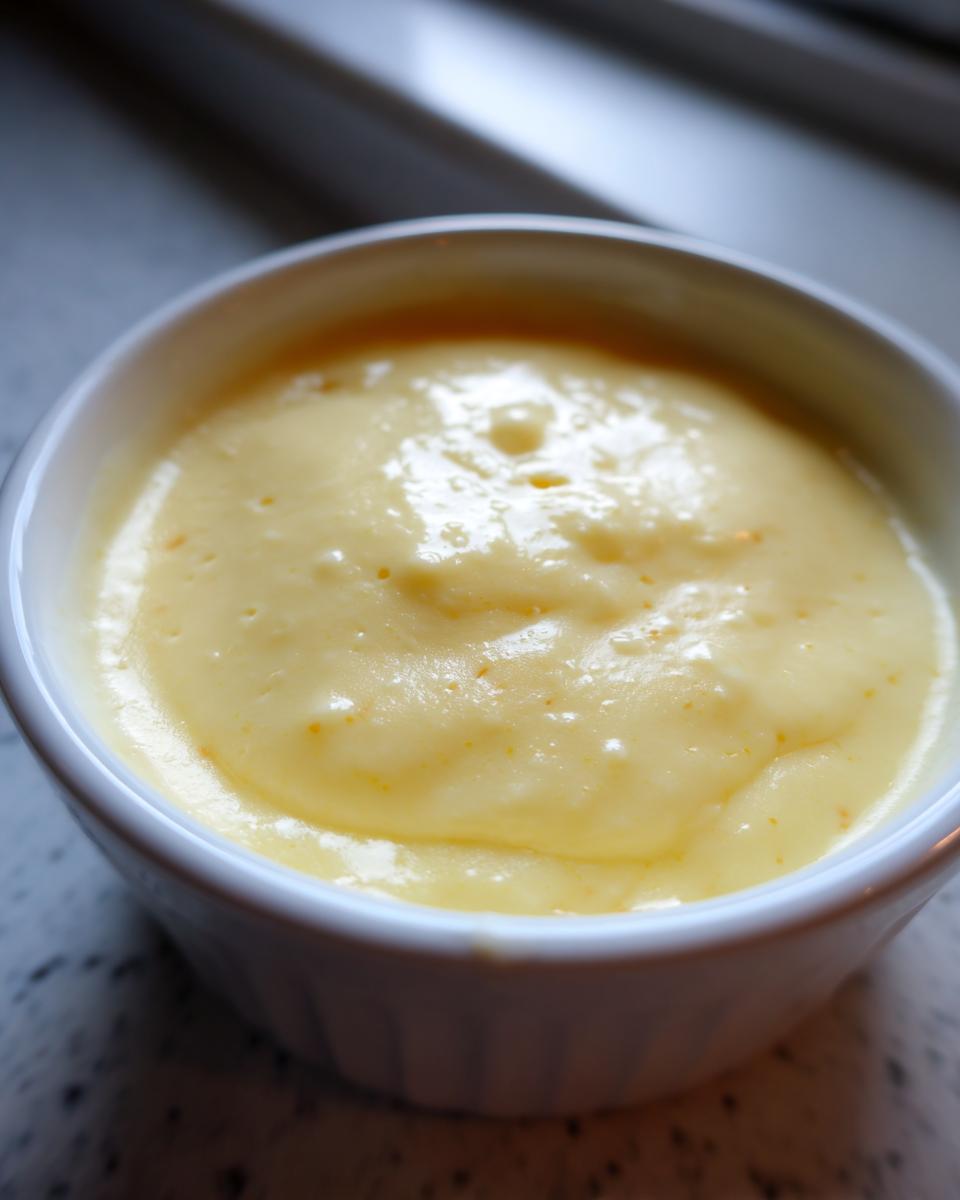 A close-up shot of thick, smooth Creamy White Cheddar Beer Cheese Dip served in a small white ramekin.