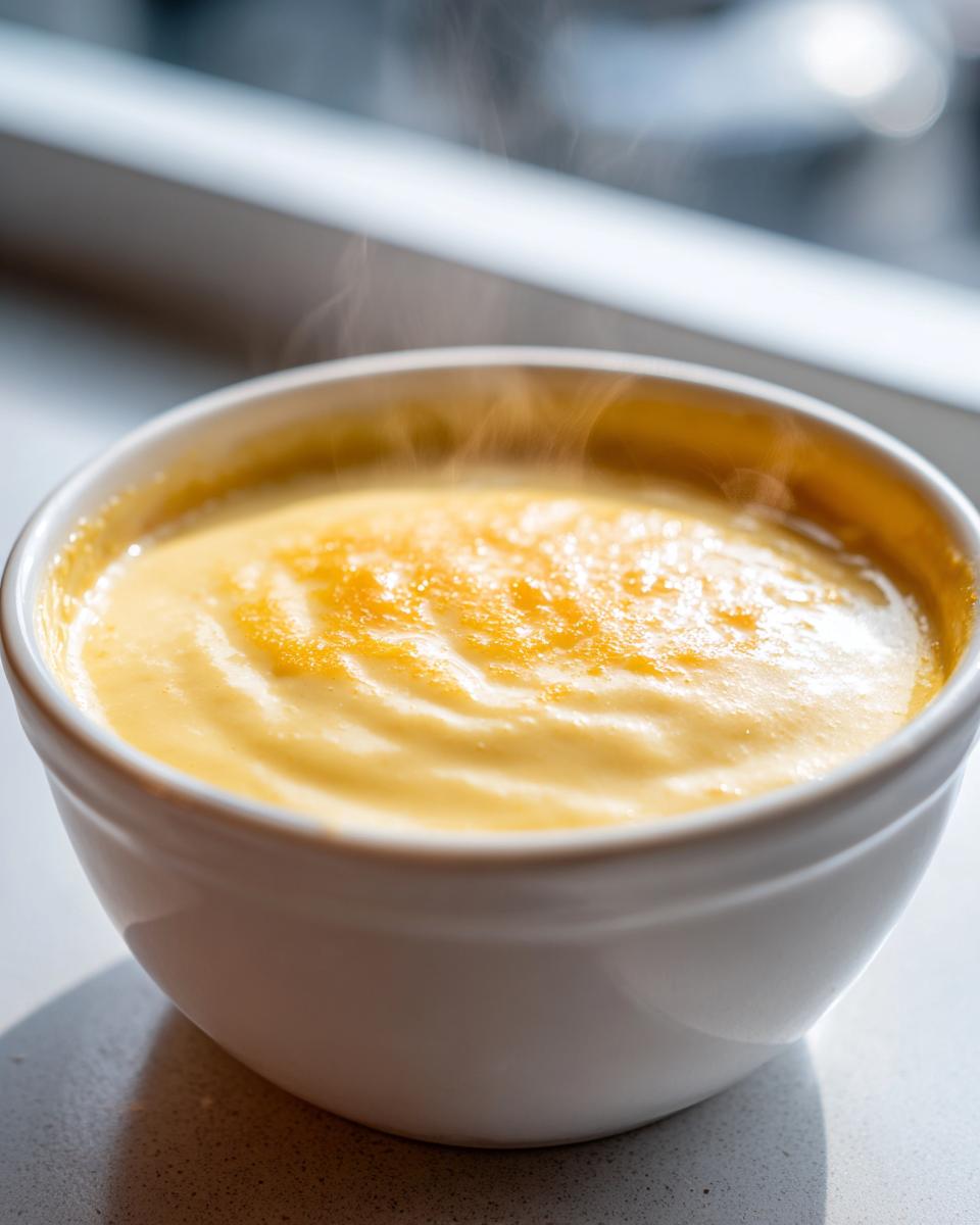 Close-up of hot, steaming Creamy White Cheddar Beer Cheese Dip with swirls in a white bowl.
