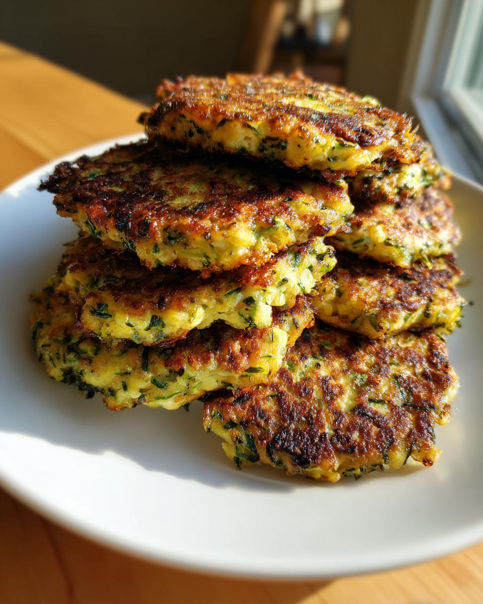 A tall stack of golden-brown, pan-fried Broccoli Fritters piled high on a white plate.