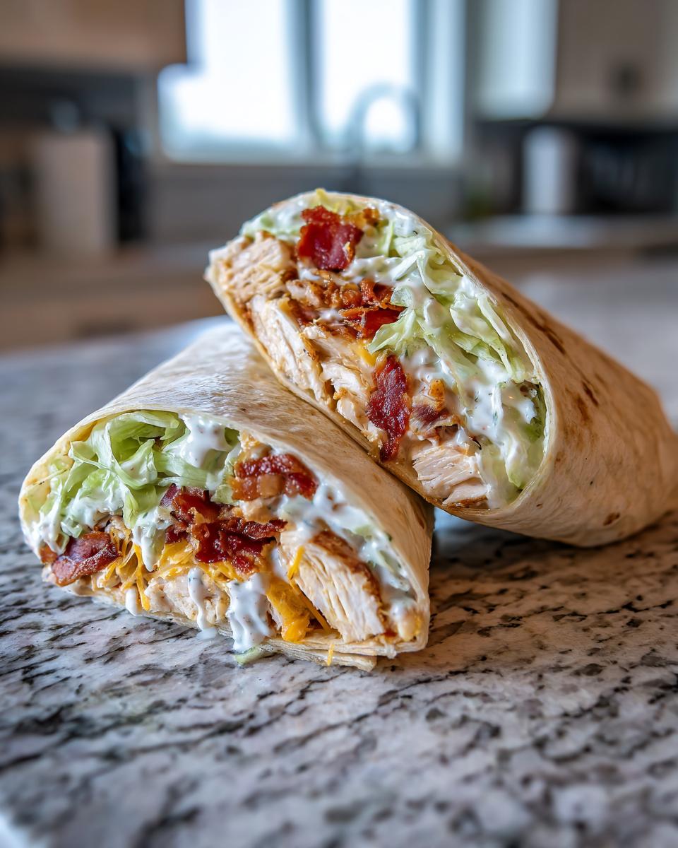 Two halves of a Crispy Chicken Bacon Ranch Wrap, showing chicken, bacon, cheese, lettuce, and ranch dressing.