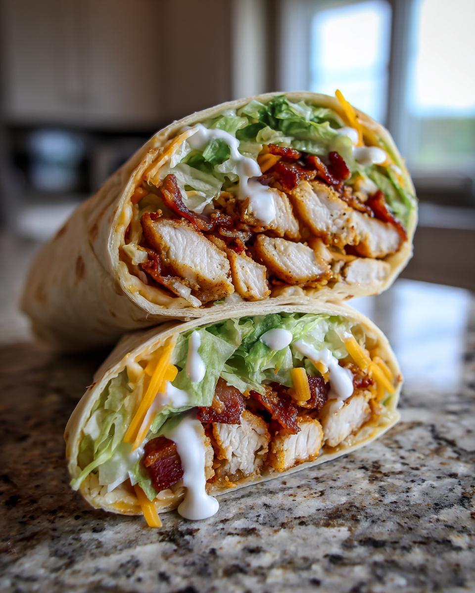 Two halves of a Crispy Chicken Bacon Ranch Wrap stacked, showing crispy chicken, bacon, lettuce, cheese, and ranch dressing.