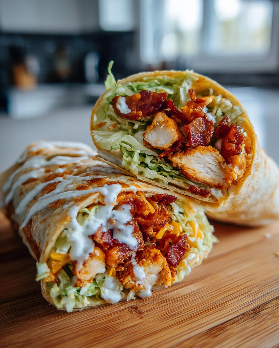 Two halves of a Crispy Chicken Bacon Ranch Wrap cut open, showing chicken, bacon, lettuce, and ranch drizzle.