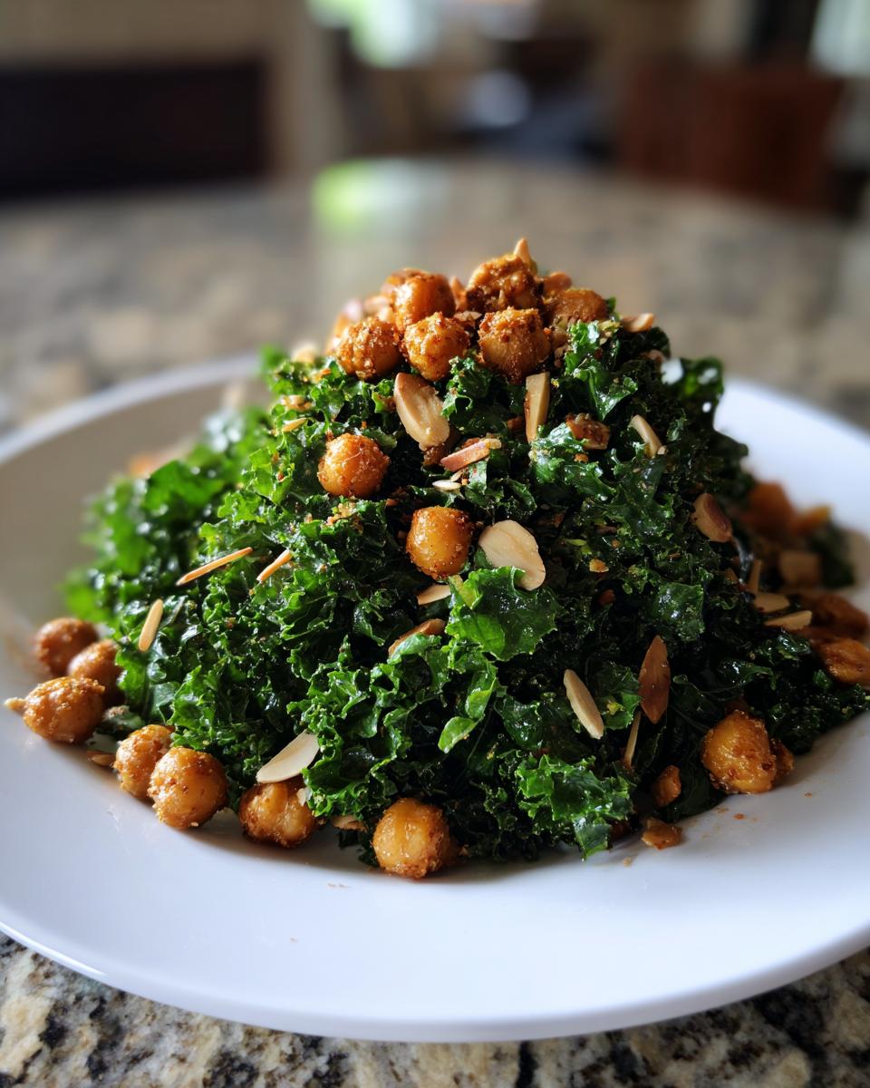 A mound of dark green kale tossed with crispy chickpea kale salad toppings, including roasted chickpeas and sliced almonds, served on a white plate.