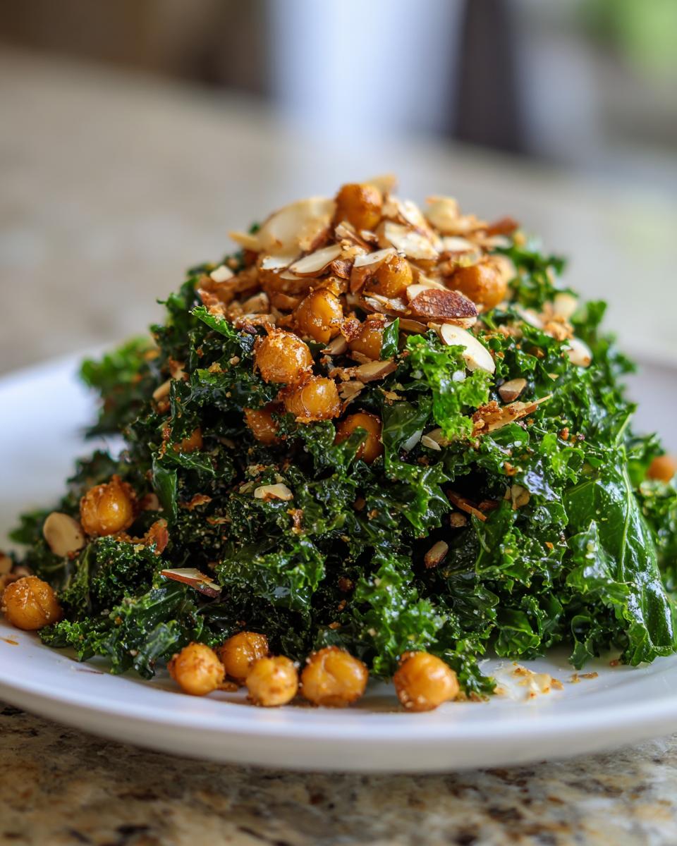 A mound of vibrant green kale tossed and topped with crispy chickpeas and sliced almonds, forming a Crispy Chickpea Kale Salad.