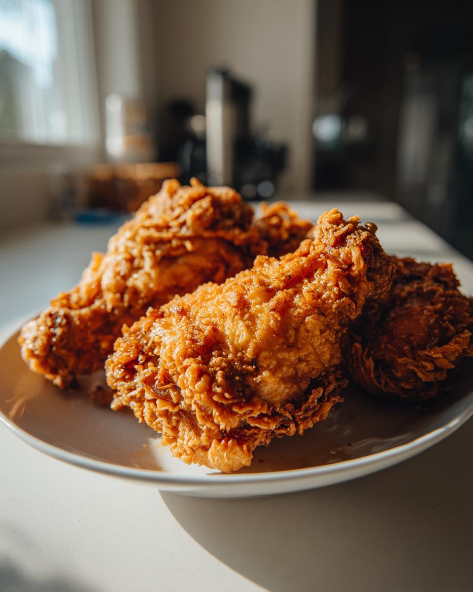 Close-up of several pieces of golden brown, crispy Garlic Fried Chicken piled on a white plate.
