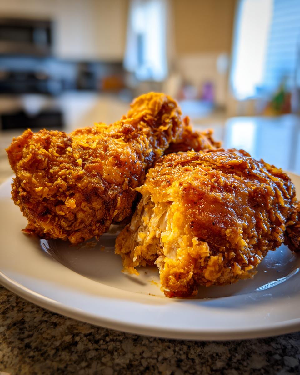 Close-up of three pieces of crispy, golden brown Garlic Fried Chicken on a white plate, one piece broken open.