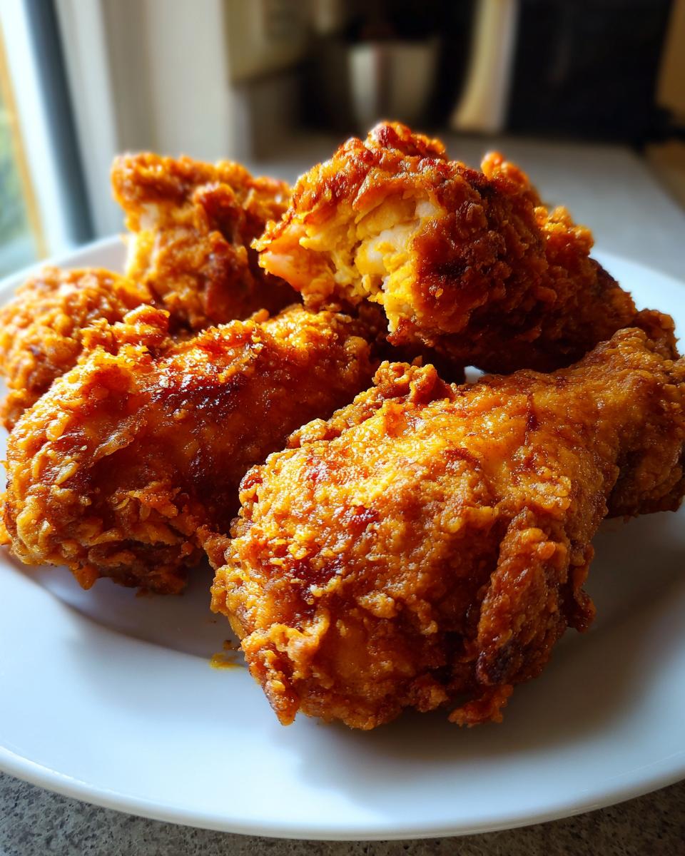 Close-up of several pieces of crispy, golden-brown Garlic Fried Chicken piled on a white plate.