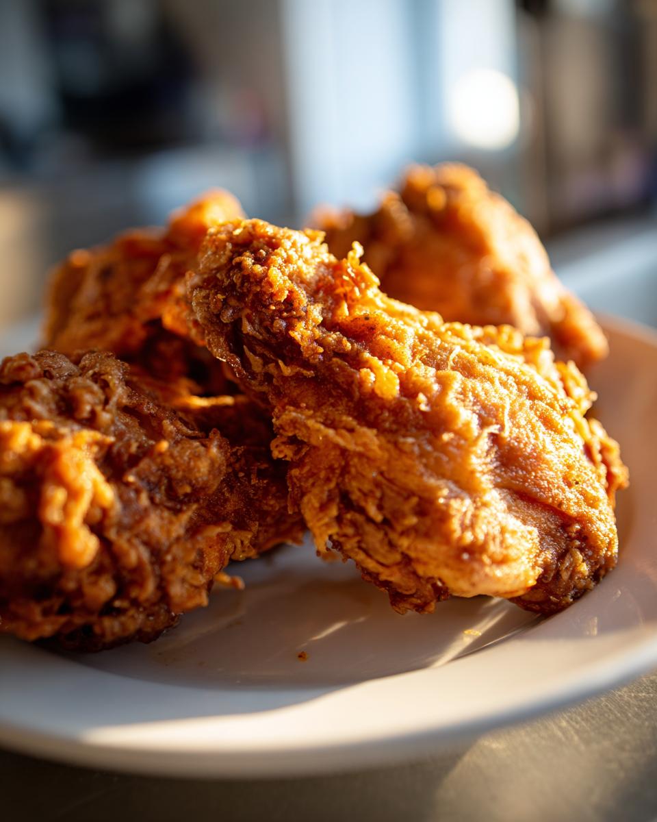 Close-up of several pieces of golden brown, crispy Garlic Fried Chicken piled on a white plate.