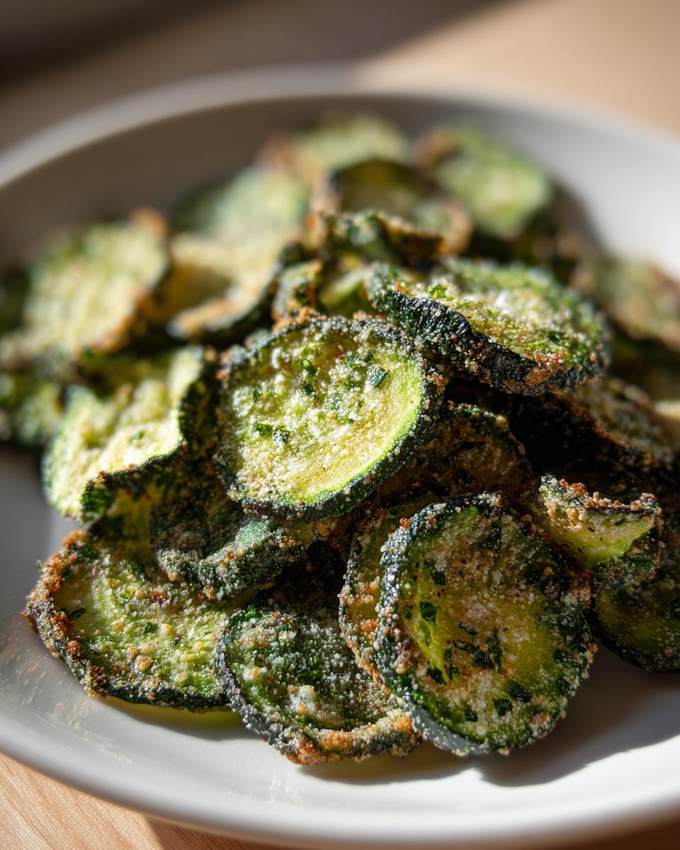 Close-up of baked or air-fried zucchini chips seasoned with a light dusting of white powder, similar to Cool Ranch Cucumber Chips.
