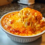 A spoonful of hot Crockpot Buffalo Chicken Dip showing an amazing cheese pull over a white ramekin.