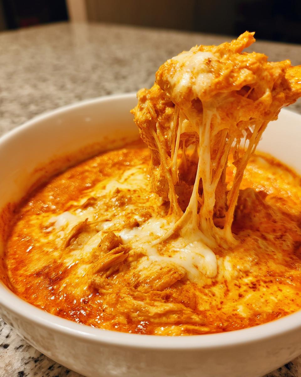 A spoonful of hot Crockpot Buffalo Chicken Dip showing extreme cheese pull in a white bowl.