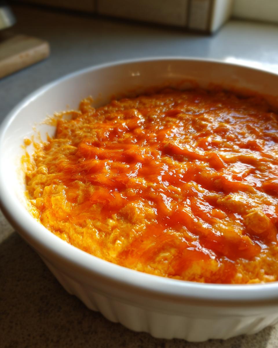 Close-up of hot, cheesy Crockpot Buffalo Chicken Dip with bright orange sauce in a white serving dish.