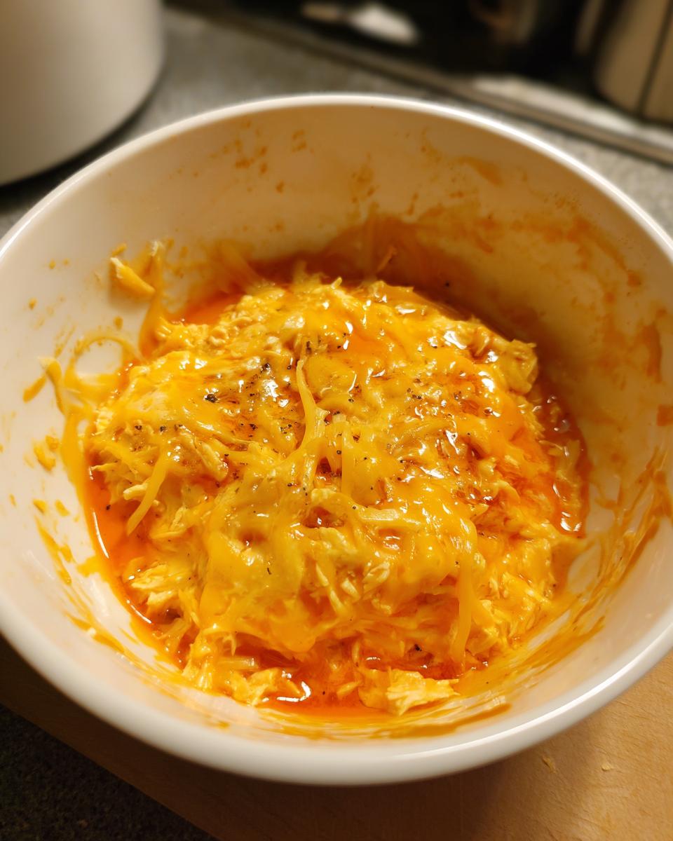 Close-up of hot Crockpot Buffalo Chicken Dip topped with melted shredded cheddar cheese and pepper.