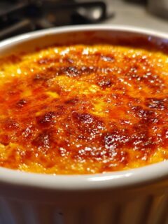 Close-up of hot, bubbly Crockpot Buffalo Chicken Dip with a browned, cheesy top served in a white ramekin.