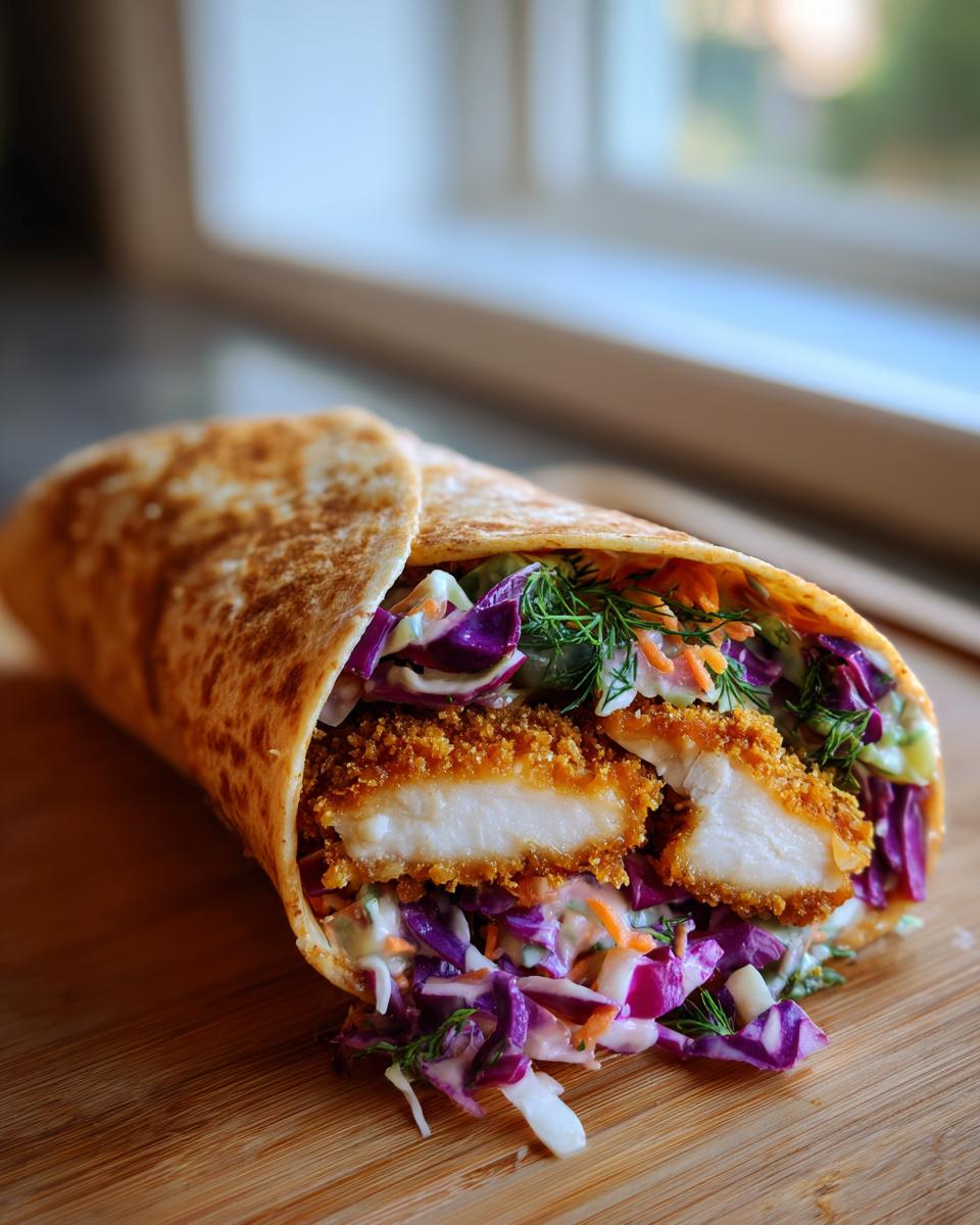 Cross-section of a Crunchy Chicken Wrap With Dill Pickle Coleslaw showing crispy chicken strips and vibrant purple coleslaw.