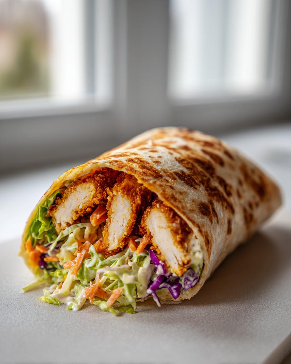 A cross-section view of a Crunchy Chicken Wrap With Dill Pickle Coleslaw showing crispy chicken strips and creamy coleslaw inside a toasted tortilla.