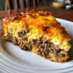 A thick slice of Crustless Taco Pie showing layers of seasoned ground beef and egg filling topped with melted, browned cheese.