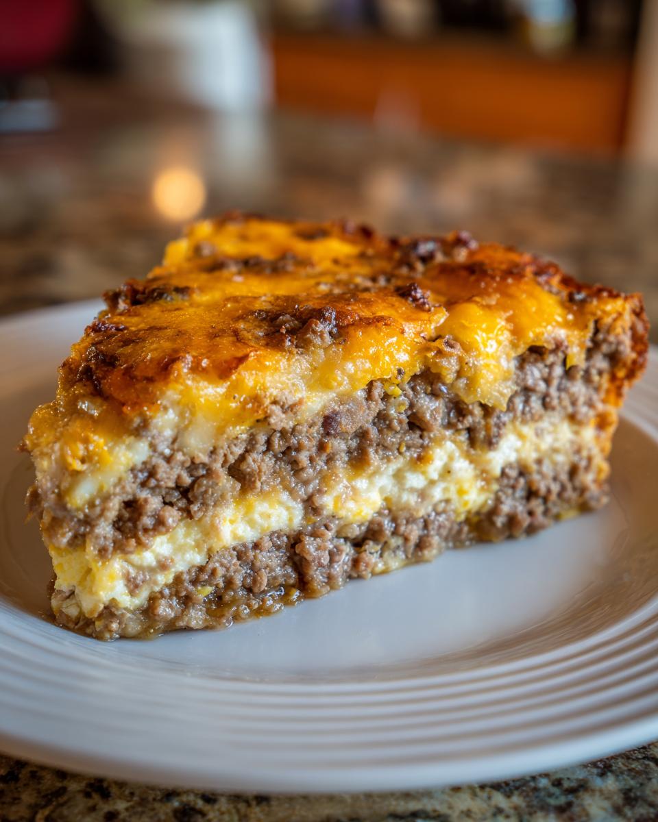 A thick slice of Crustless Taco Pie showing layers of seasoned ground beef and creamy filling, topped with melted cheddar cheese.