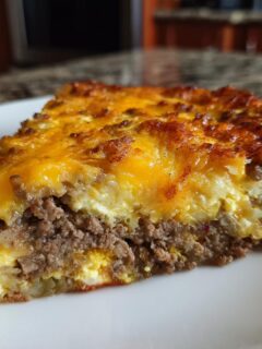 Close-up of a hearty slice of Crustless Taco Pie showing layers of ground meat, egg, and melted cheddar cheese.