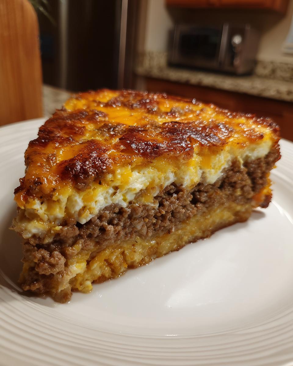 A thick slice of Crustless Taco Pie showing layers of seasoned ground meat, egg, and a browned cheddar cheese topping.
