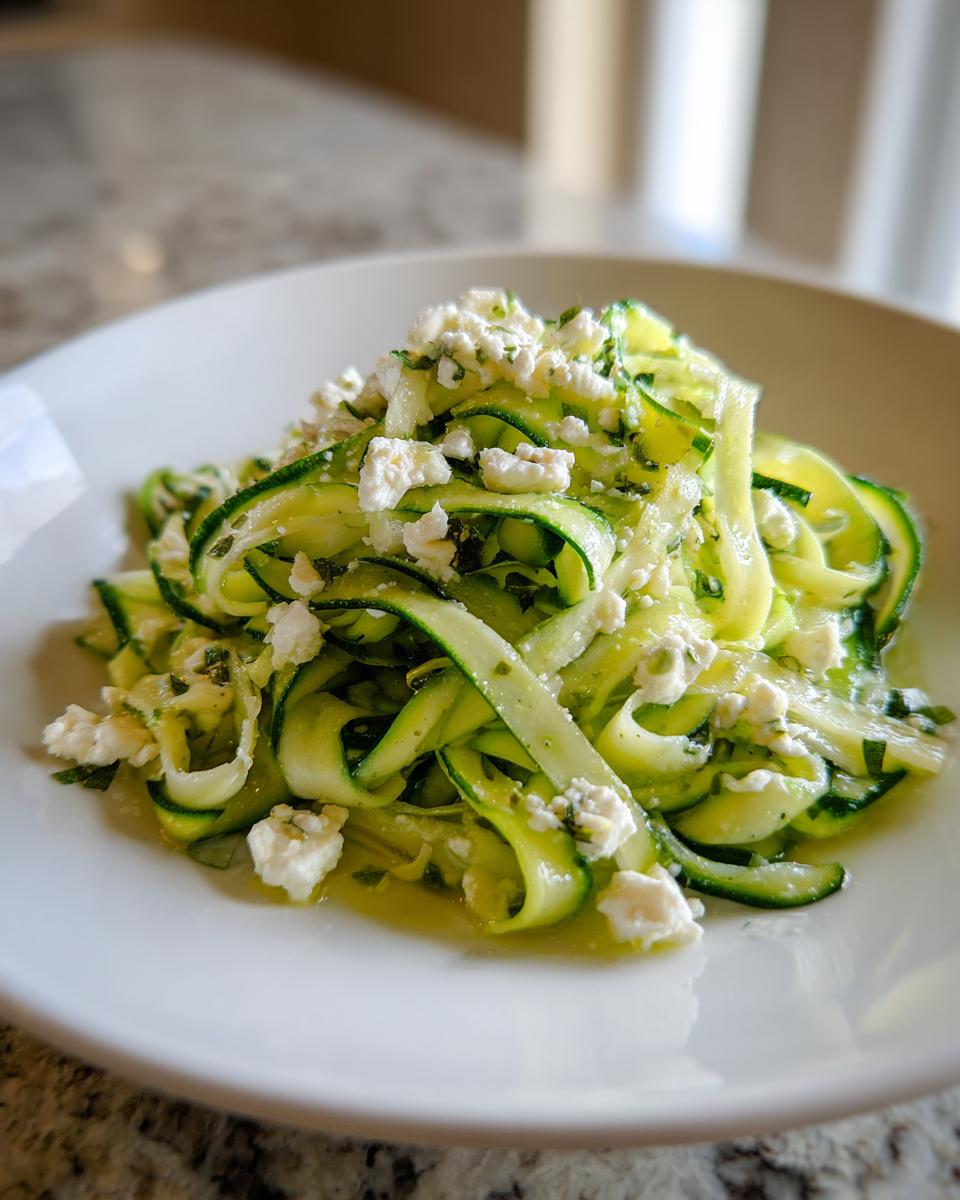 Close-up of a serving of Cucumber Ribbon Feta Salad, featuring bright green ribbons topped with crumbled white feta cheese.