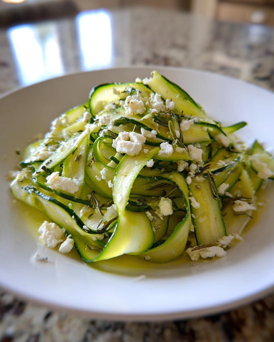 Close-up of vibrant green cucumber ribbon feta salad topped with crumbled feta cheese and herbs.