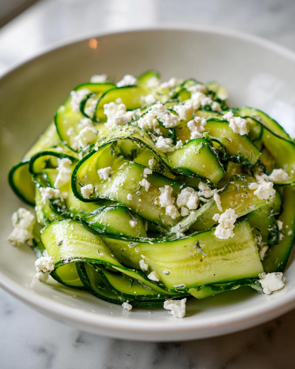 A close-up of vibrant green cucumber ribbon feta salad topped with crumbled white feta cheese.