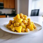 Close-up of vibrant Curried Mango Chickpea Salad featuring yellow mango chunks and chickpeas coated in a rich curry sauce.