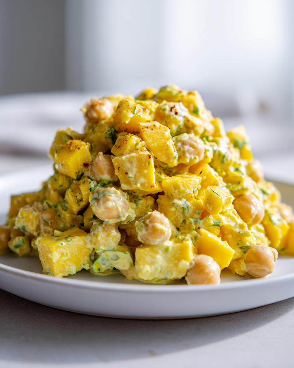 A close-up of a mound of Curried Mango Chickpea Salad featuring yellow mango chunks and chickpeas coated in a creamy, yellow dressing.