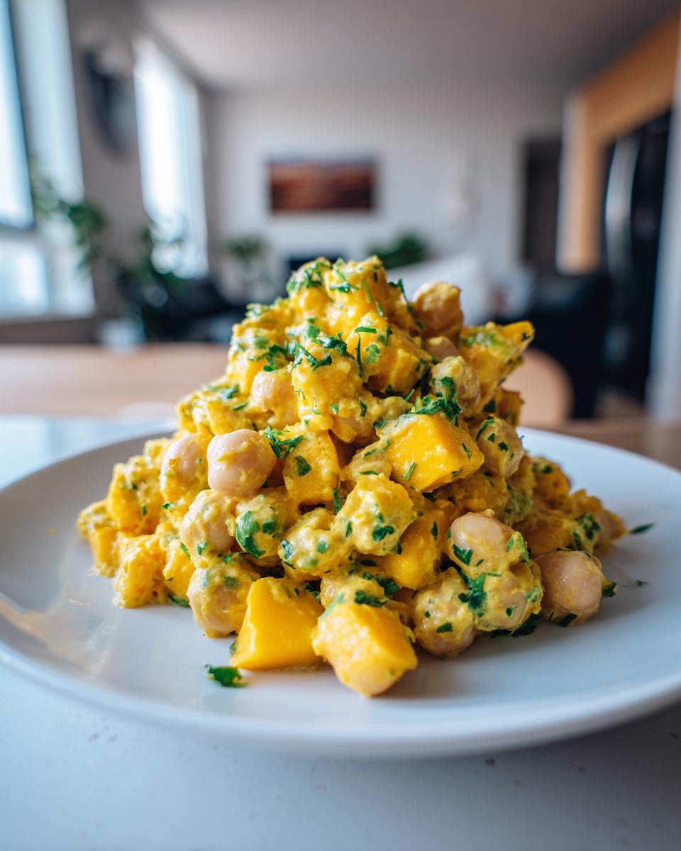 A mound of vibrant Curried Mango Chickpea Salad featuring yellow mango chunks, chickpeas, and fresh herbs on a white plate.