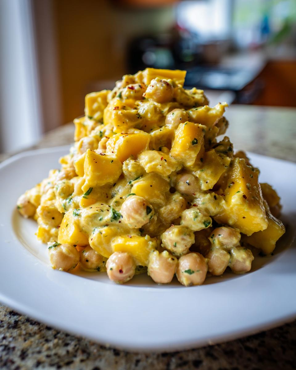 A mound of vibrant Curried Mango Chickpea Salad featuring yellow mango chunks and chickpeas coated in a creamy yellow dressing, served on a white plate.