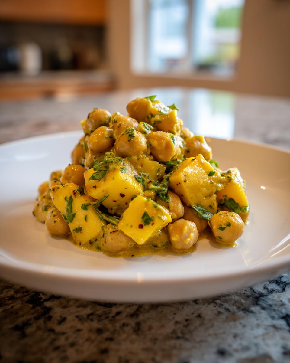 Close-up of a mound of Curried Mango Chickpea Salad featuring yellow mango chunks and chickpeas coated in a creamy curry dressing.