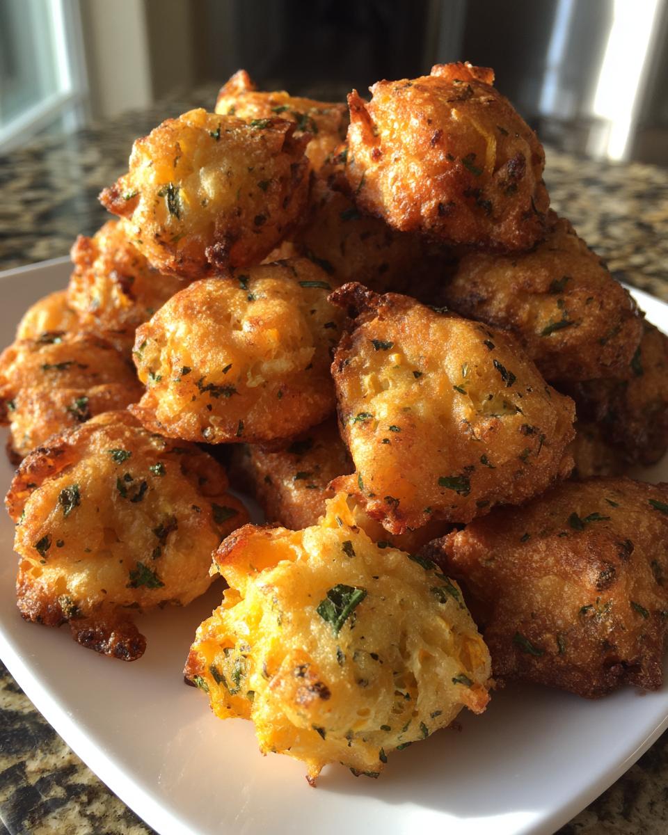A pile of golden brown Dill Pickle Cheddar Cheese Puffs sprinkled with green herbs on a white plate.