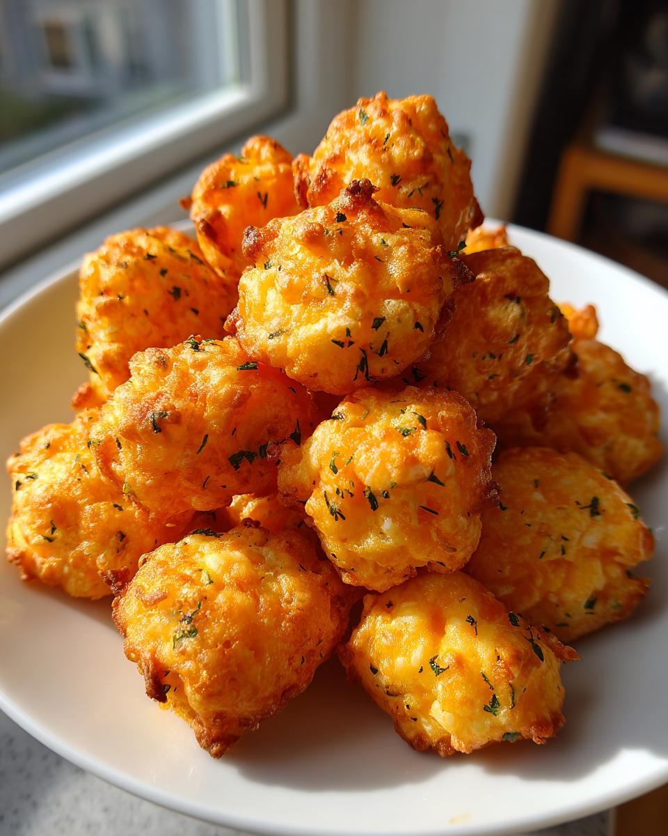 A pile of golden brown Dill Pickle Cheddar Cheese Puffs sprinkled with green herbs on a white plate.
