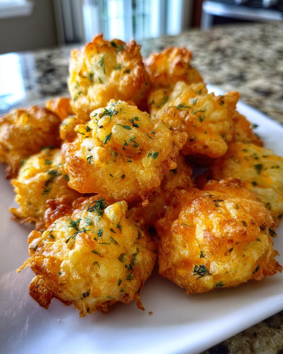 A pile of golden brown Dill Pickle Cheddar Cheese Puffs garnished with green herbs on a white plate.