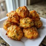 A stack of golden brown Dill Pickle Cheddar Cheese Puffs sprinkled with green herbs on a white square plate.