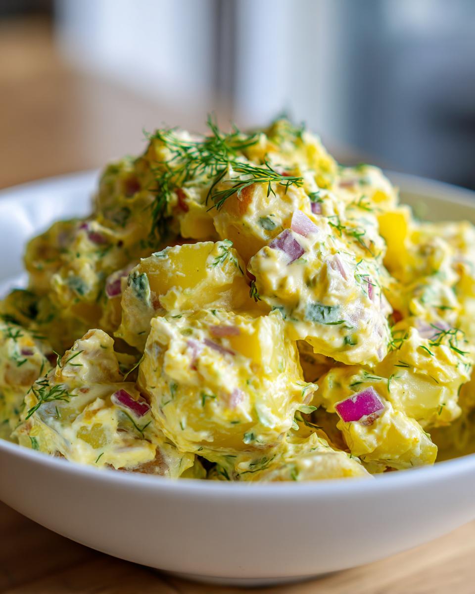 A close-up of creamy Dill Pickle Potato Salad featuring chunks of potato, red onion, and fresh dill garnish.