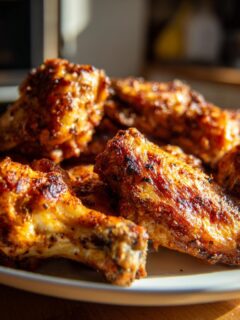 A pile of golden brown, crispy Dill Pickle Ranch Chicken Wings stacked on a white plate.