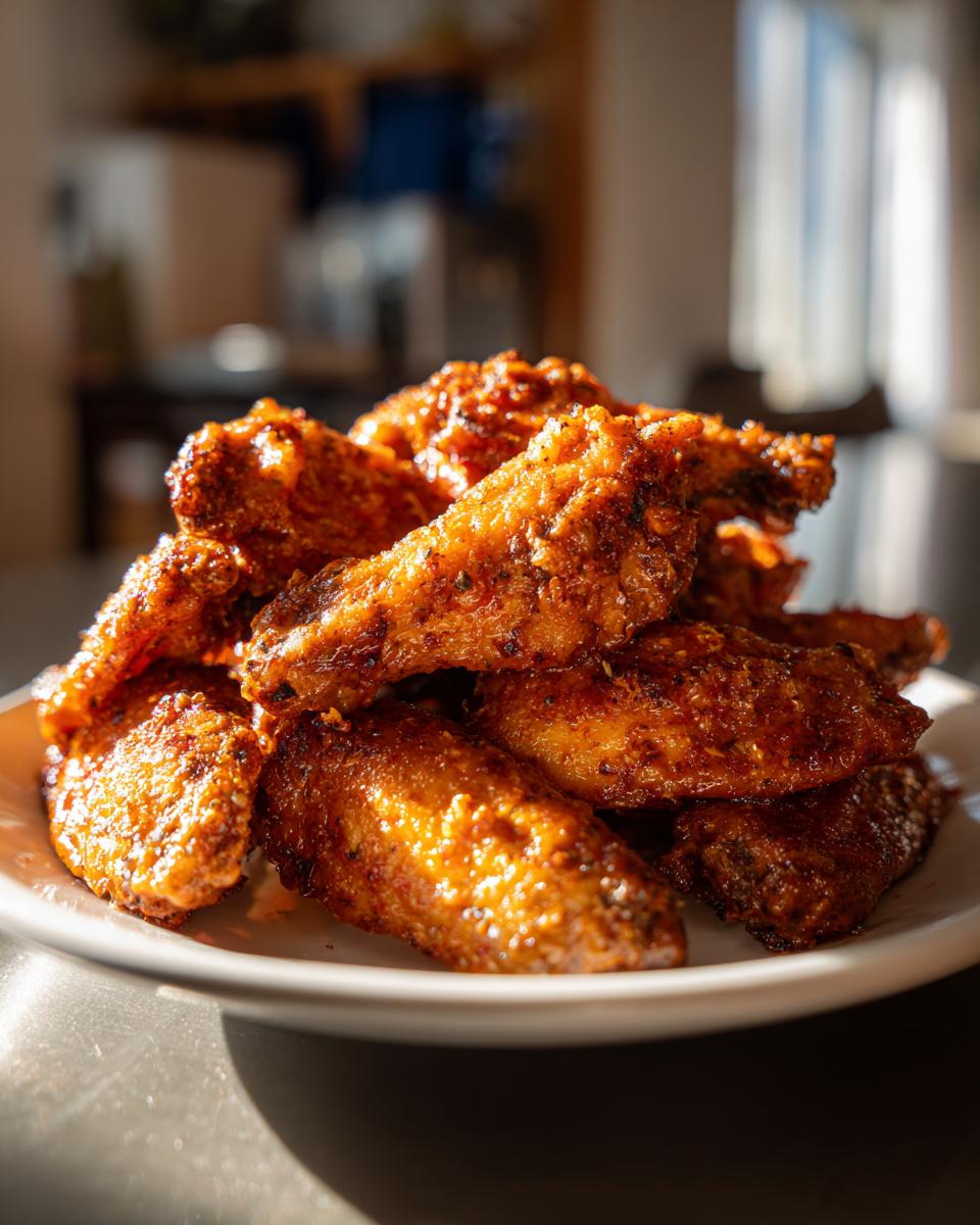 A close-up of a pile of crispy, glazed Dill Pickle Ranch Chicken Wings served on a white plate.