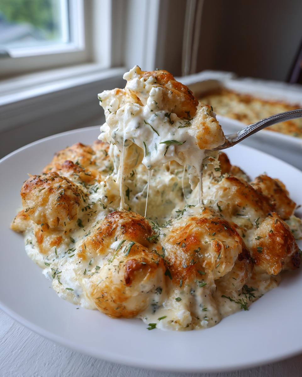 A serving of Dump And Bake Chicken Tzatziki Casserole being lifted with a fork, showing melted cheese pull.