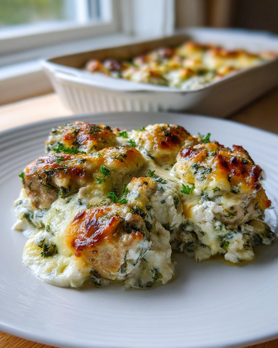 Close-up of servings of Dump And Bake Chicken Tzatziki Casserole on a white plate, topped with melted, browned cheese and herbs.