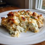 A serving of creamy, cheesy Dump And Bake Chicken Tzatziki Casserole with browned topping and fresh herbs.