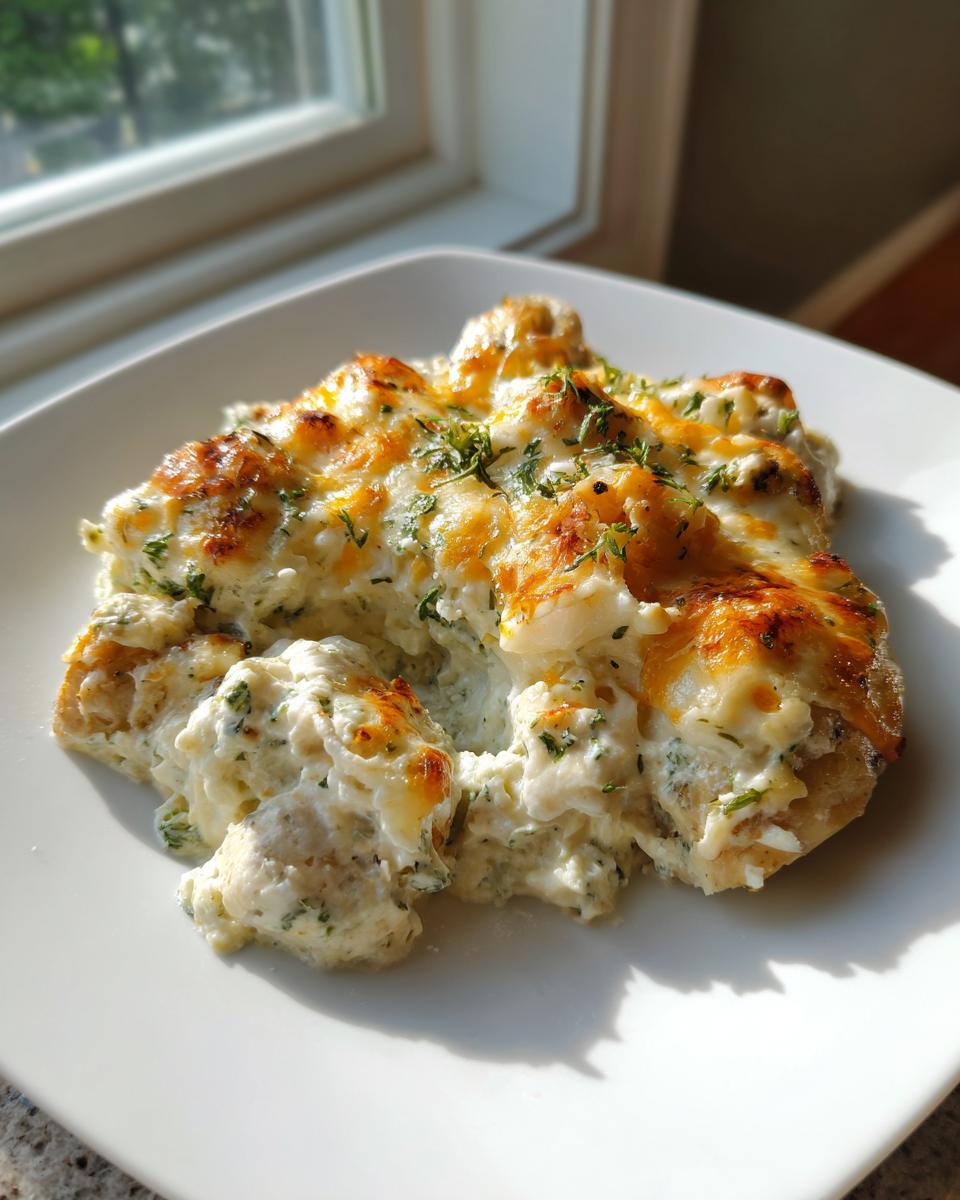 A serving of creamy, cheesy Dump And Bake Chicken Tzatziki Casserole topped with melted cheese and fresh herbs.
