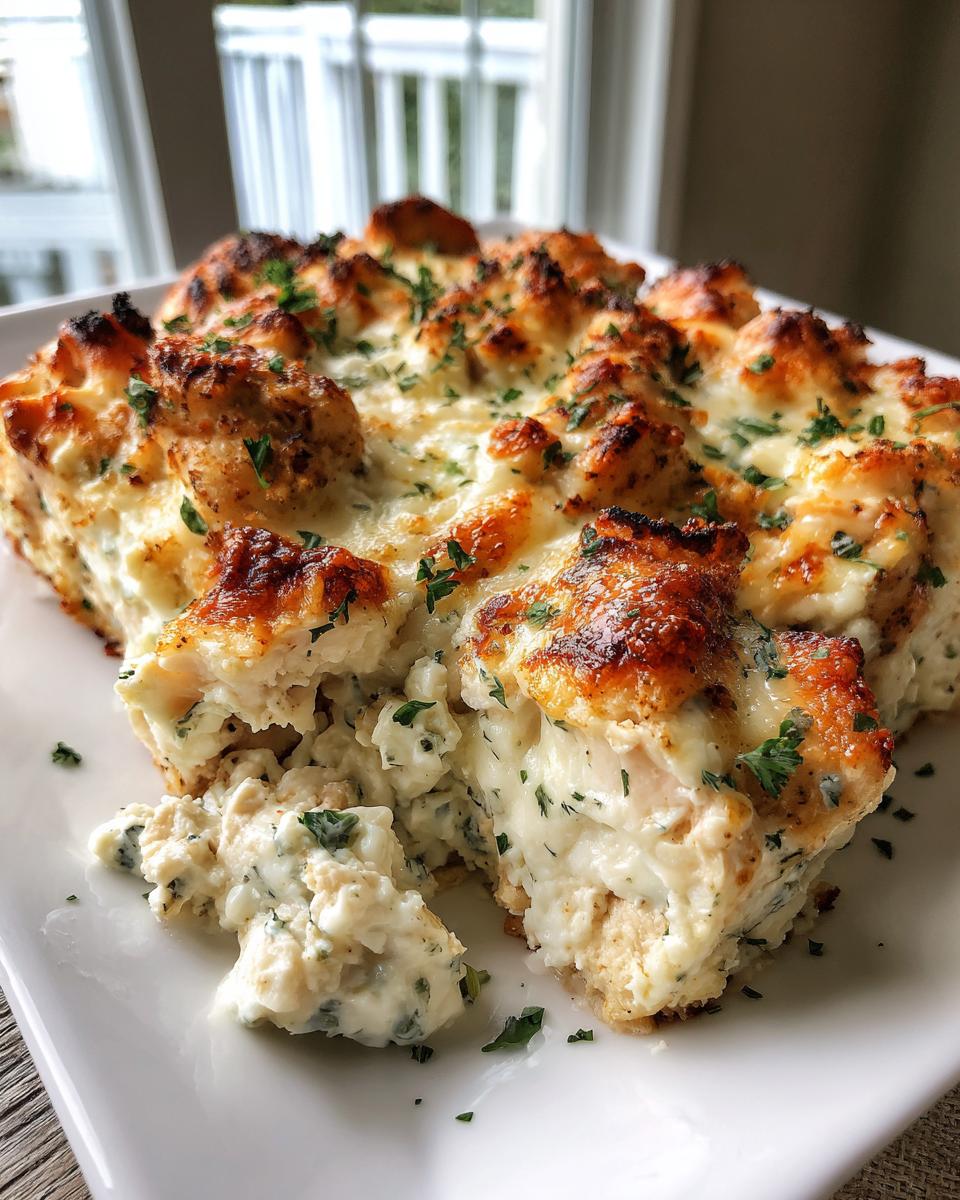 A creamy, baked portion of Dump And Bake Chicken Tzatziki Casserole with browned cheese topping and parsley.