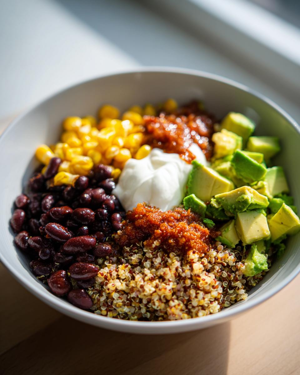 A vibrant bowl featuring quinoa, black beans, corn, salsa, sour cream, and avocado chunks, perfect for an Easy 5 Min Lunch Bowl.