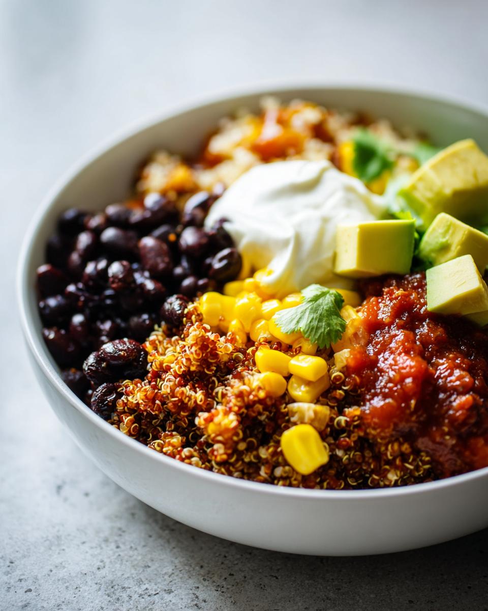 Close-up of a vibrant Easy 5 Min Lunch Bowl featuring quinoa, black beans, corn, salsa, avocado, and sour cream.